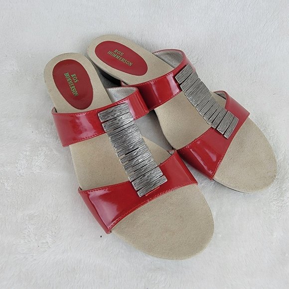 Ros Hommerson Red Strappy Silver Metal Buckle Wedge Low Heel Sandals Size 8.5S - Picture 1 of 8